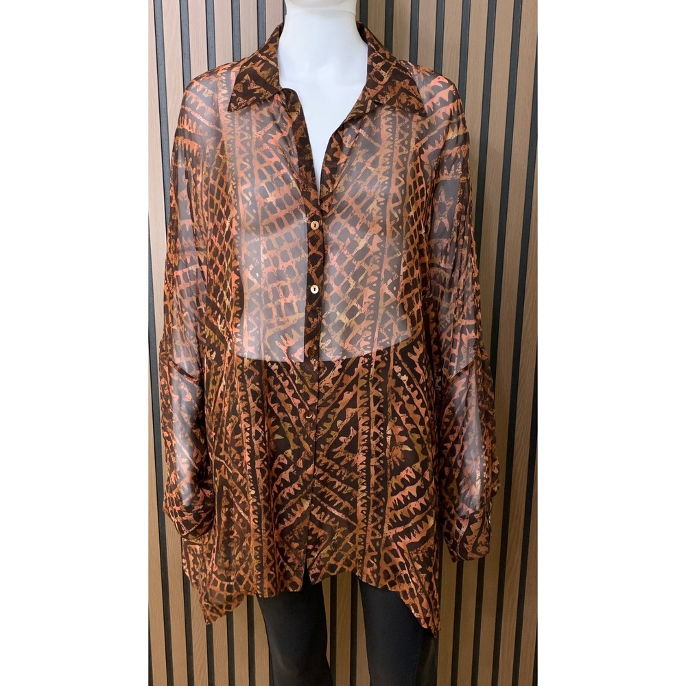 Peruvian Connection Silk Sheer Geometric Print Button Down Shirt Brown Large